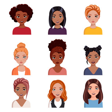happy business woman avatar set. Different ethnic women characters collection. Isolated vector illustration pack