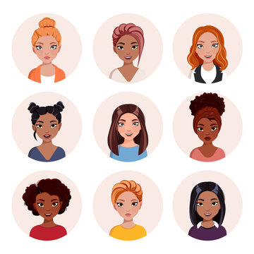 Smiling woman avatar set. Different nationality women characters collection. Isolated vector illustration with round.