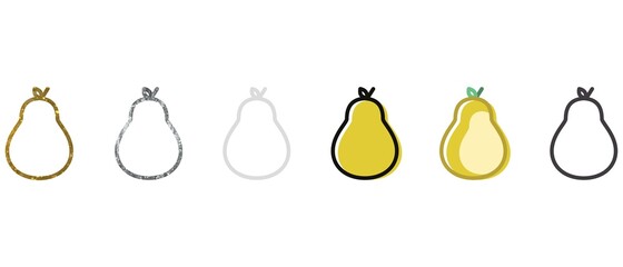 Vector set of pears fruit. Collection of gold, silver, white, black, colored fruit with a linear outline. Doodle style. Graphics. Vector. Can be used for web design 