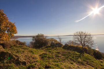 Bracciano lake with a wide view surrounding the observer town Trevignano Romano,Italy.Photography...