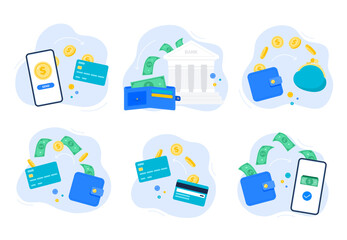 Set of finance concepts with money transfers. Sending out money to a card, to a banking account, or an electronic wallet. Finance transactions and payments. Vector flat illustrations. - obrazy, fototapety, plakaty