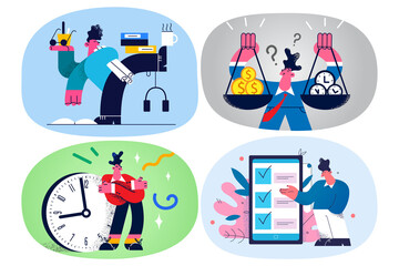 Fototapeta premium Set of businesspeople multitask manage to meet deadline 