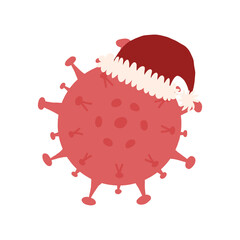 Coronavirus COVID-19 in Santa's hat, bacteria wearing Santa Claus's headwear. Lockdown in Christmas holidays concept