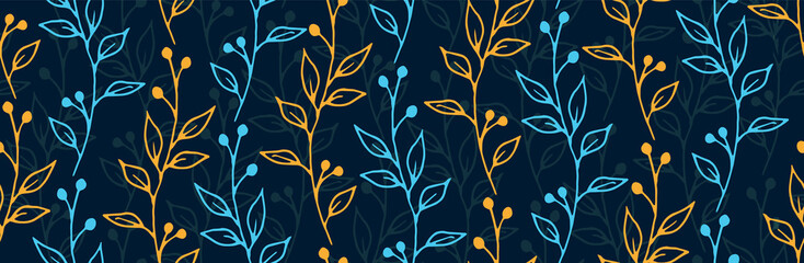 Berry bush sprigs botanical vector seamless pattern. Ditsy herbal graphic design. Grass plants foliage and stems wallpaper. Berry bush branches home style repeating background