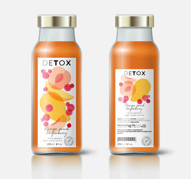 Fruit and berries detox. Mango, cranberry or lingonberry, peach mix. Beautiful transparency whole and cut fruits.  Bottle template with face and back labels.