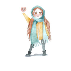 Watercolor  doll with valentine postcard isolated on white