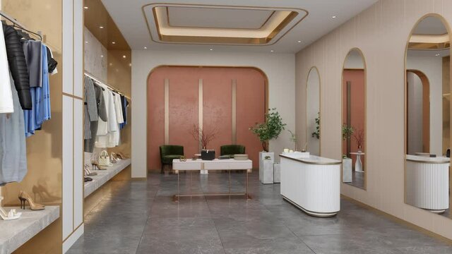 Interior Of Luxury Clothing Store With Clothes, Shoes And Other Personal Accessories