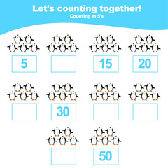 Counting the sea animals for Preschool Children. Math worksheet with sea animals’ theme. Educational printable math worksheet. Vector illustration.
