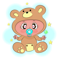 Baby cute playing with a rattle boy dressed as a bear