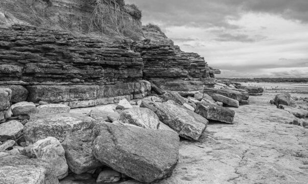 Vend&eacute;e; France: Black and white photo of Veillon, limestone outcrop, adjoins the Payr&eacute; estuary, Talmont Saint Hilaire.