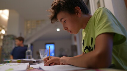 Young boy doing homework after school. Kid preparing for exam