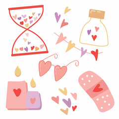 Vector set of stickers in the style of hand draw hourglass with hearts, candles, heart-shaped glasses, a patch and a jar of hearts. Valentine's Day gift and design elements, game, print, poster.
