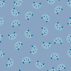 Kitty pattern seamless in freehand style. Head animals on colorful background. Vector illustration for textile.