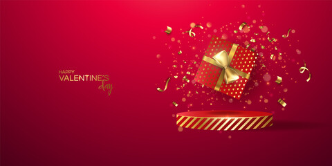 Valentines day sale vector banner. Sale discount for valentines day shopping promotion with red , gold hearts elements on red background. Vector illustration. 3D realistiс design with podium and gift