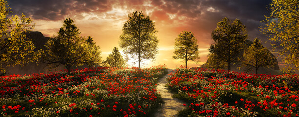 Beautiful landscape  with red flowers, hills, and sunset, - Powered by Adobe