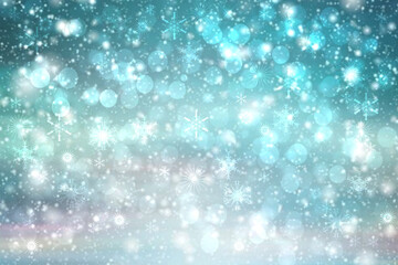 Obraz premium Abstract blurred festive winter christmas or Happy New Year background with shiny blue and white bokeh lighted snow landscape with sky. Space.