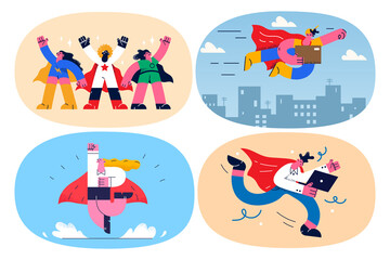 Set of deliverymen as superheroes deliver parcels to clients © Valery
