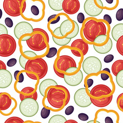 Seamless pattern. A summer pattern featuring sliced vegetables such as cucumbers, tomatoes, olives and bell peppers. A pattern with the image of a salad. Illustration for the print. Vector