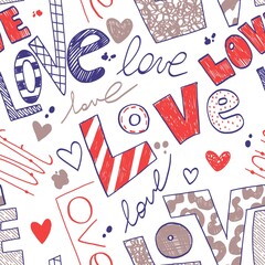 Seamless pattern with hearts, ink spots and handwritten love text. Abstract background of words.