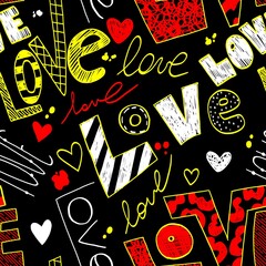 Seamless pattern with hearts, ink spots and handwritten love text. Abstract background of words.