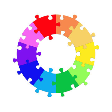 Farbkreis in einer Illustration als Puzzle vor weißem Hintergrund
