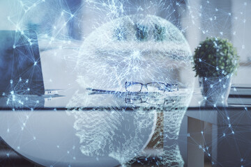 Fototapeta premium Double exposure of brain drawing and office interior background. Concept of data technology.