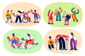 Fototapeta premium Set of people with disabilities living good life