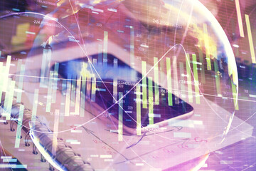Fototapeta premium Double exposure of financial theme drawing and cell phone background. Concept of business