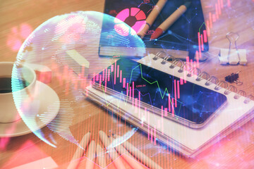 Double exposure of financial theme drawing and cell phone background. Concept of business
