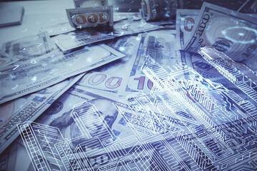 Double exposure of town drawing over usa dollars bill background. smart city concept.