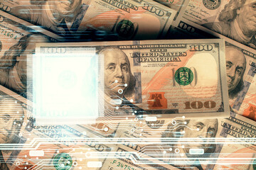 Double exposure of data theme drawing over us dollars bill background. Technology concept.