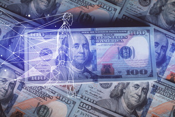 Double exposure of startup drawing over usa dollars bill background. Young business concept.