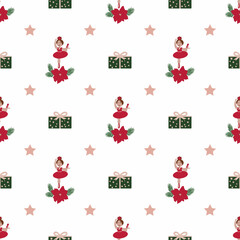 vector Christmas seamless pattern with the image of a ballerina