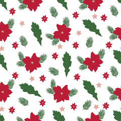 vector seamless pattern with Christmas decor, spruce branches and flowers