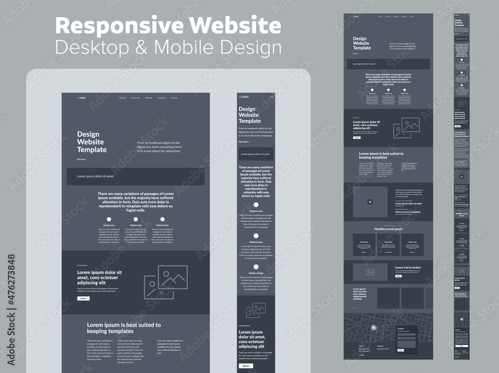 Poster website design. dark mode responsive desktop and mobile wireframe. landing page template.