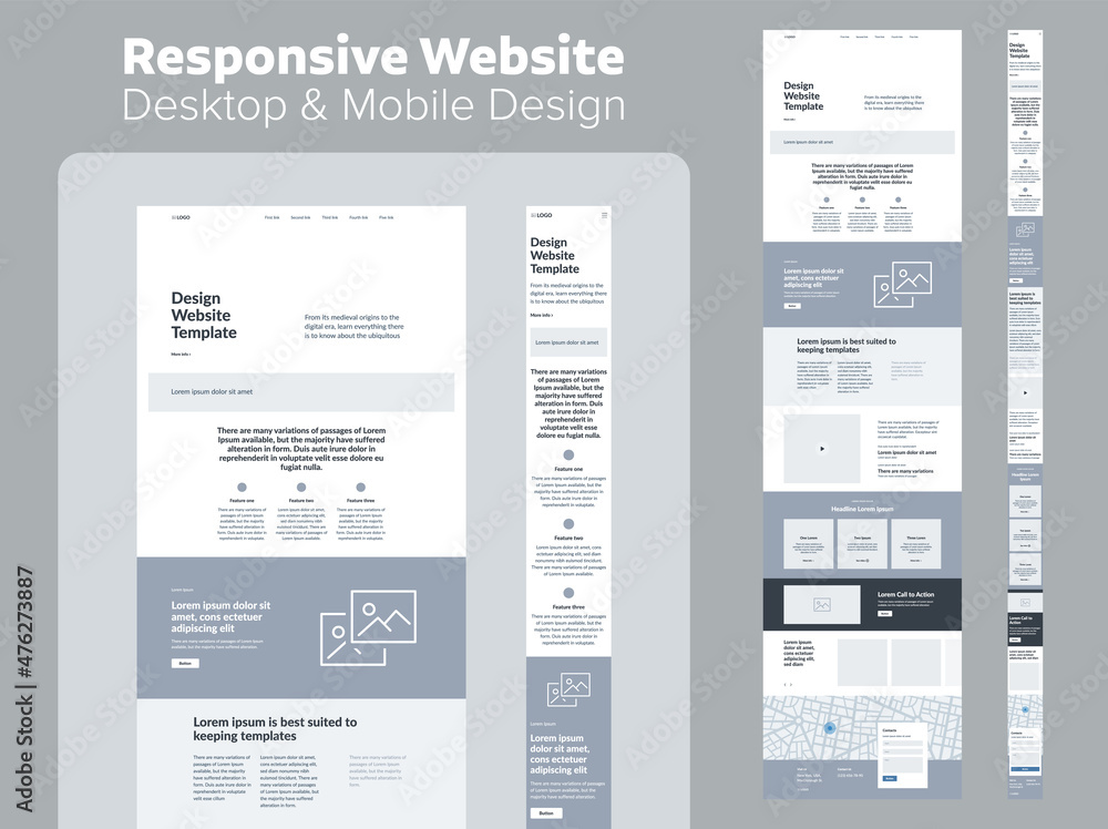 Poster website design. responsive desktop and mobile wireframe. landing page template.