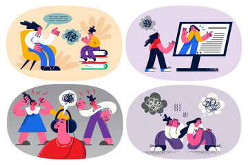 Set of stressed people with chaos in head 