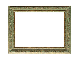 Wooden frame for paintings with gold patina. Isolated on white