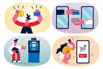 Set of people use smartphone making transactions 