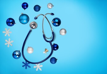 Christmas, medicine greeting card. Christmas decorations, pills. Medical concept.