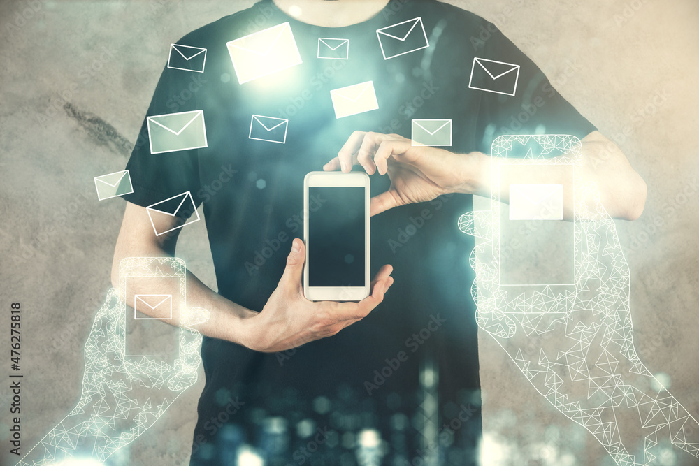 Poster Double exposure of man's hands holding and using a digital device and envelop hologram drawing. E-mail concept.