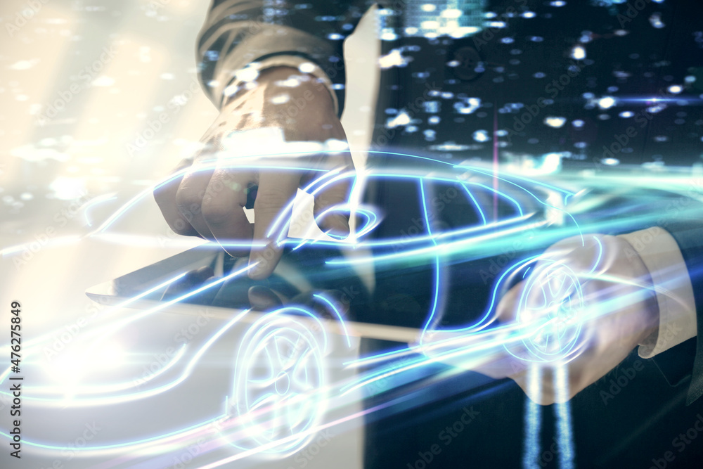 Poster double exposure of man's hands holding and using a digital device and automobile theme hologram draw
