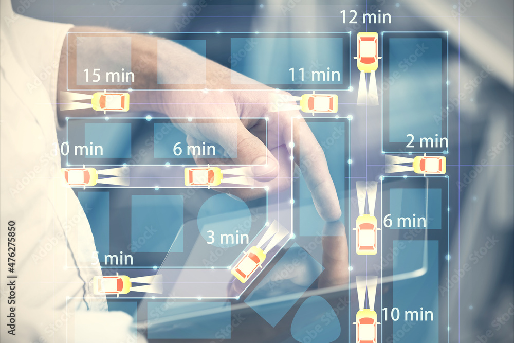 Aufkleber double exposure of man's hands holding and using a digital device and automobile theme hologram draw