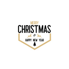 Christmas and happy new year badge in hexagon cut vector illustration with tree and deer silhouette isolated on white background fit for your online store or web decoration