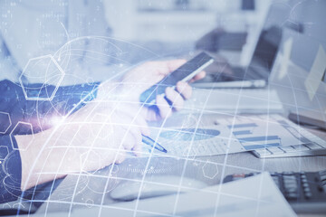 Multi exposure of man's hands holding and using a digital device and map drawing. International business concept.