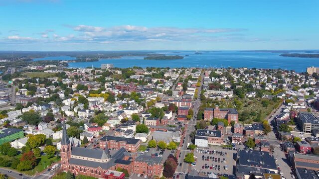 Panoramic aerial view of Portland Old Port and Fore River in downtown Portland, Maine ME, USA. 