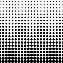 Abstract seamless geometric circle pattern. Mosaic background of black circles. Evenly spaced shapes of different sizes. Vector illustration on light gray background