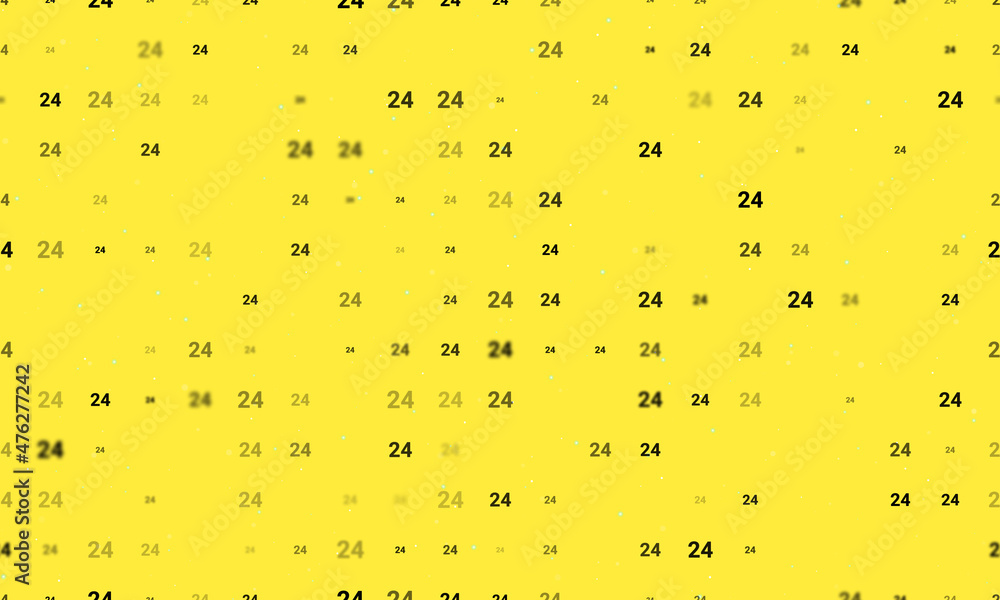 Poster Seamless background pattern of evenly spaced black around the clock symbols of different sizes and opacity. Vector illustration on yellow background with stars