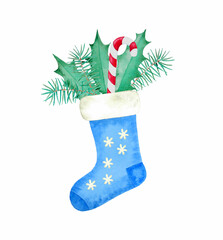 Watercolor blue christmas sock
with holly and candy, isolated
on white