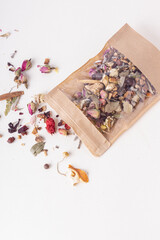 Soothing and vitamin tea in zip package. Storage of tea. Fruit and flower tea